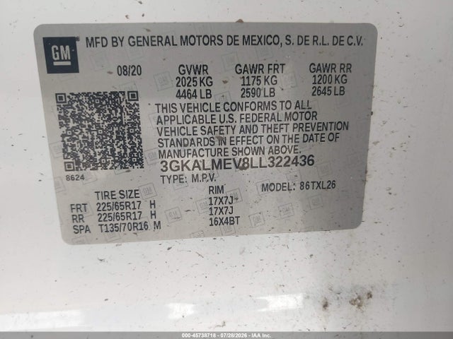 2020 Gmc Terrain Fwd Sle მანქანა იყიდება აუქციონზე, vin: 3GKALMEV8LL322436, აუქციონის ნომერი: 45738718