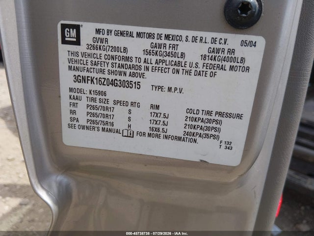 Продаж на аукціоні авто 2004 Chevrolet Suburban 1500 Z71, vin: 3GNFK16Z04G303515, номер лоту: 45738738