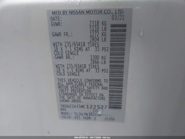 Продаж на аукціоні авто 2021 Nissan Murano S Fwd, vin: 5N1AZ2AJ5MC122527, номер лоту: 45738741