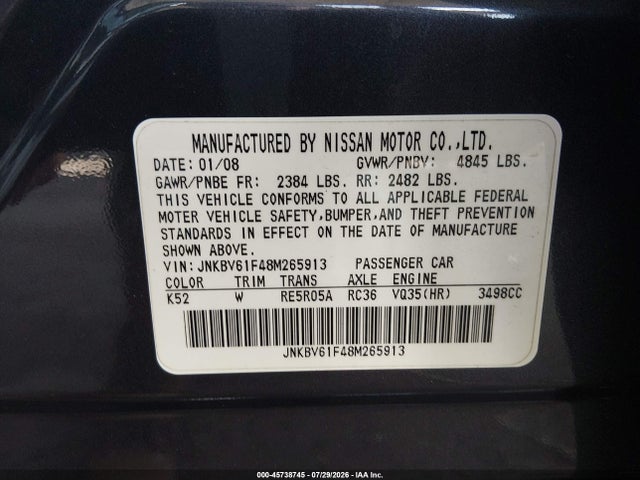 Продажа на аукционе авто 2008 Infiniti G35x, vin: JNKBV61F48M265913, номер лота: 45738745