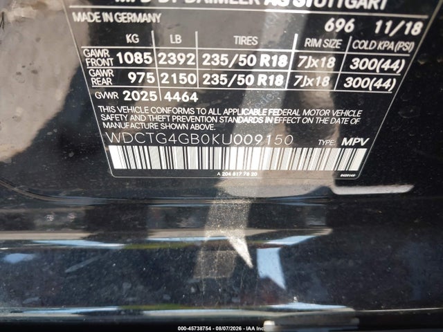 45738754 :رقم المزاد ، WDCTG4GB0KU009150 vin ، 2019 Mercedes-benz Gla 250 4matic مزاد بيع