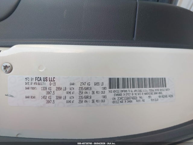 45738760 :رقم المزاد ، 2C4RC1EG6KR746620 vin ، 2019 Chrysler Pacifica 35th Anniversary Touring L Plus مزاد بيع