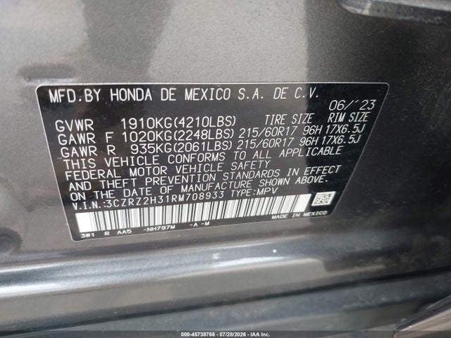 Продажа на аукционе авто 2024 Honda Hr-v Awd Lx, vin: 3CZRZ2H31RM708933, номер лота: 45738766
