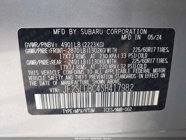 2025 Subaru Forester Premium მანქანა იყიდება აუქციონზე, vin: JF2SLDBC4SH417982, აუქციონის ნომერი: 45738773