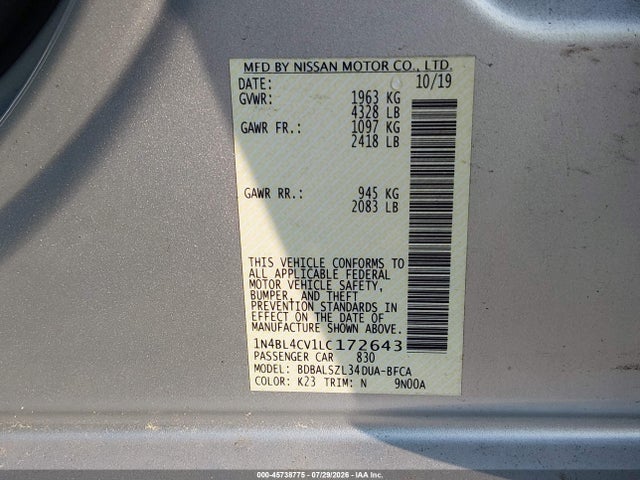 Продаж на аукціоні авто 2020 Nissan Altima Sr Fwd, vin: 1N4BL4CV1LC172643, номер лоту: 45738775