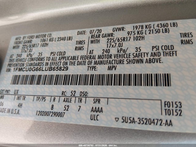 Продажа на аукционе авто 2020 Ford Escape Se, vin: 1FMCU0G66LUB65829, номер лота: 45738782