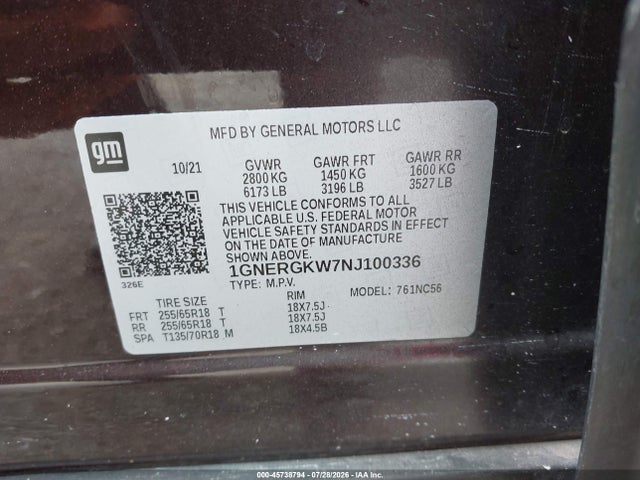 Продажа на аукционе авто 2022 Chevrolet Traverse Fwd Lt Cloth, vin: 1GNERGKW7NJ100336, номер лота: 45738794