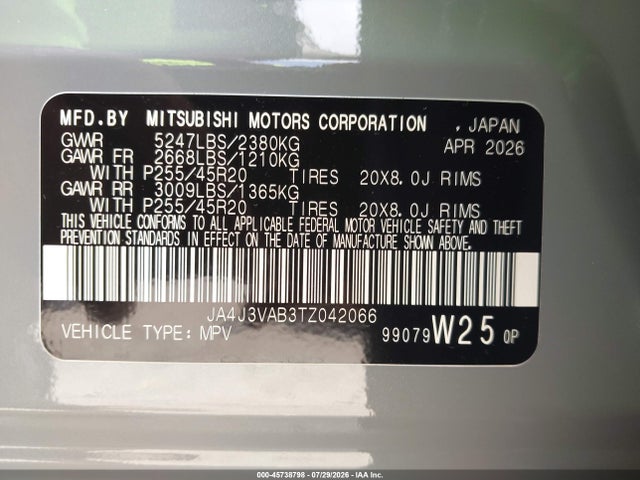 Aukcja sprzedaży 2026 Mitsubishi Outlander Le 2.5 2wd/se 2.5 2wd, vin: JA4J3VAB3TZ042066, numer aukcji: 45738798