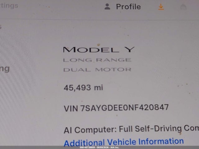 Aukcja sprzedaży 2022 Tesla Model Y Long Range Dual Motor All-wheel Drive, vin: 7SAYGDEE0NF420847, numer aukcji: 45738809