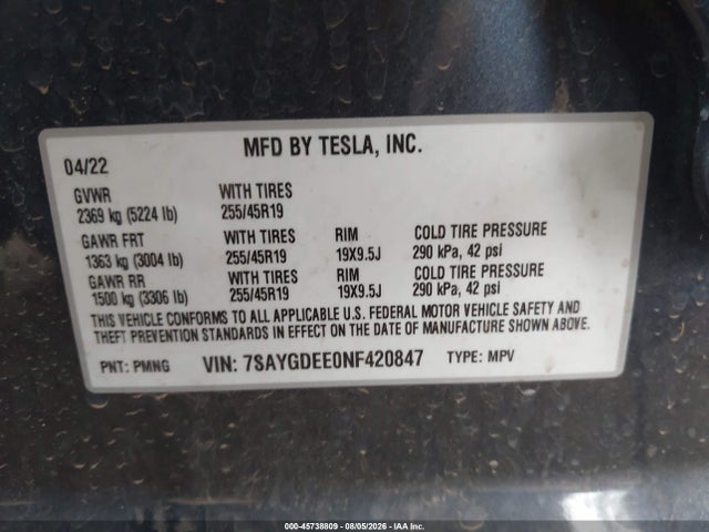 Aukcja sprzedaży 2022 Tesla Model Y Long Range Dual Motor All-wheel Drive, vin: 7SAYGDEE0NF420847, numer aukcji: 45738809