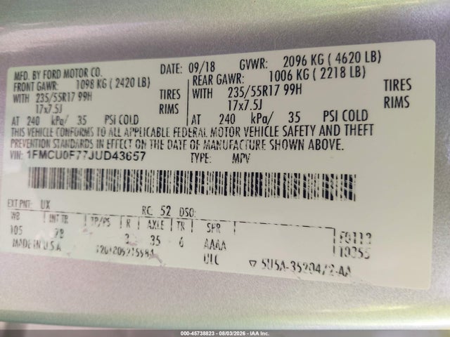 45738823 :رقم المزاد ، 1FMCU0F77JUD43657 vin ، 2018 Ford Escape S مزاد بيع
