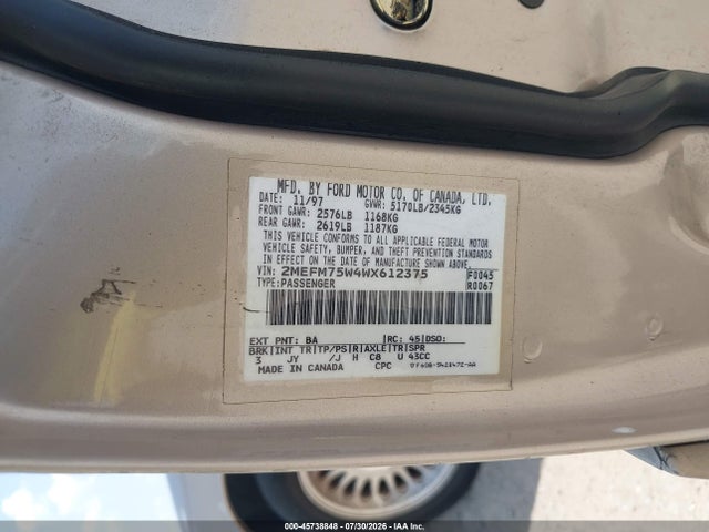 Продаж на аукціоні авто 1998 Mercury Grand Marquis, vin: 2MEFM75W4WX612375, номер лоту: 45738848