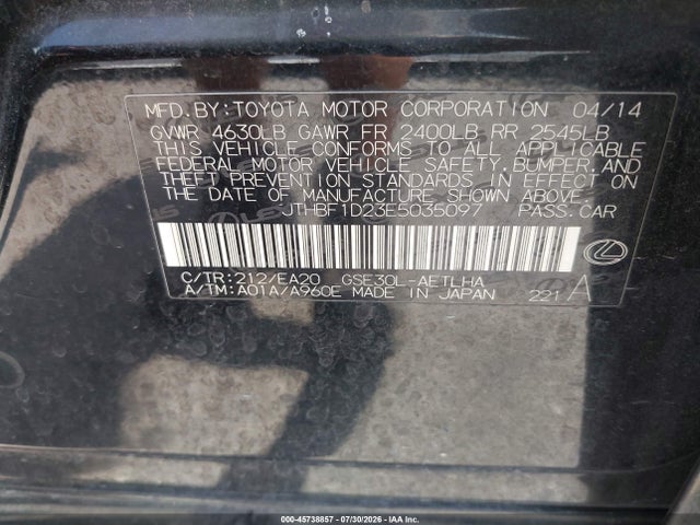 Aukcja sprzedaży 2014 Lexus Is 250, vin: JTHBF1D23E5035097, numer aukcji: 45738857