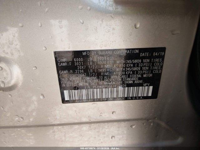 Aukcja sprzedaży 2019 Subaru Ascent Limited, vin: 4S4WMAPD0K3472936, numer aukcji: 45738874