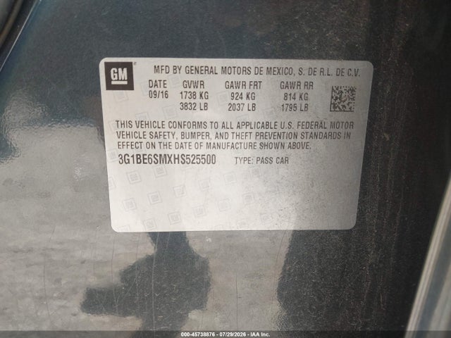 45738876 :رقم المزاد ، 3G1BE6SMXHS525500 vin ، 2017 Chevrolet Cruze Lt Auto مزاد بيع