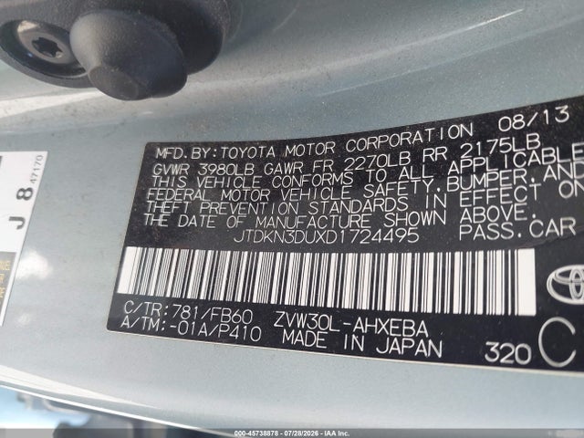 Продаж на аукціоні авто 2013 Toyota Prius Two, vin: JTDKN3DUXD1724495, номер лоту: 45738878