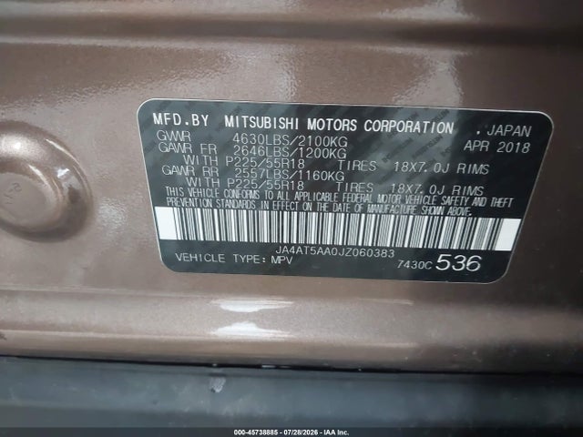 Aukcja sprzedaży 2018 Mitsubishi Eclipse Cross Se, vin: JA4AT5AA0JZ060383, numer aukcji: 45738885