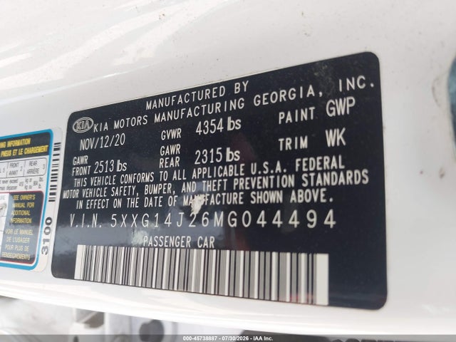 Продаж на аукціоні авто 2021 Kia K5 Lxs, vin: 5XXG14J26MG044494, номер лоту: 45738887