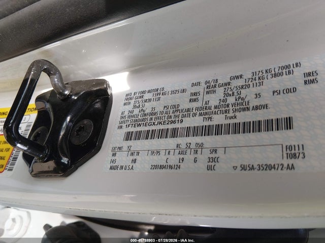 2018 Ford F-150 Lariat მანქანა იყიდება აუქციონზე, vin: 1FTEW1EGXJKE29619, აუქციონის ნომერი: 45738903