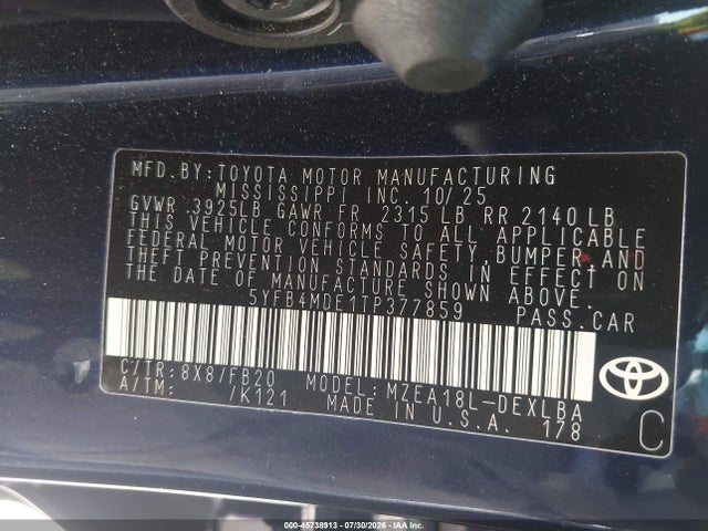 Aukcja sprzedaży 2026 Toyota Corolla Le, vin: 5YFB4MDE1TP377859, numer aukcji: 45738913
