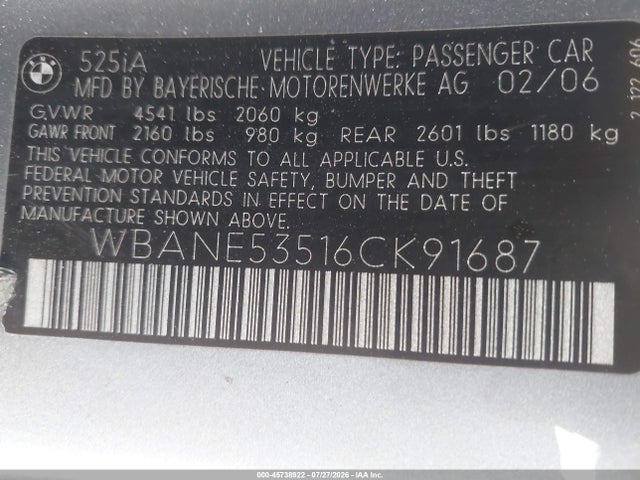 Продаж на аукціоні авто 2006 Bmw 525i, vin: WBANE53516CK91687, номер лоту: 45738922