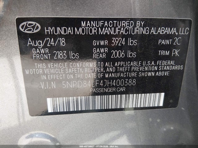 Продажа на аукционе авто 2018 Hyundai Elantra Sel, vin: 5NPD84LF4JH400388, номер лота: 45738927