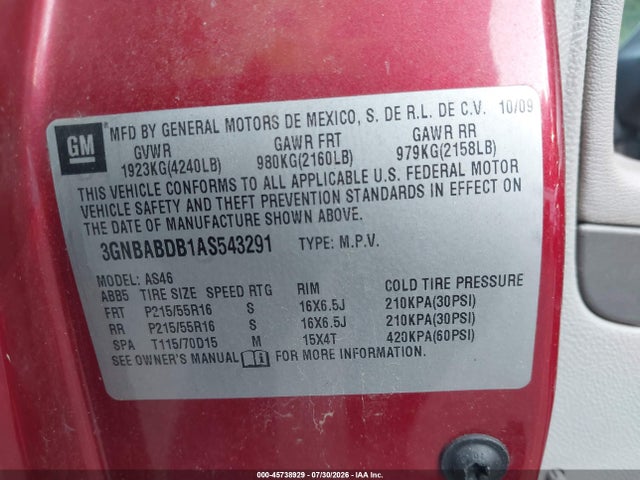 45738929 :رقم المزاد ، 3GNBABDB1AS543291 vin ، 2010 Chevrolet Hhr Lt مزاد بيع