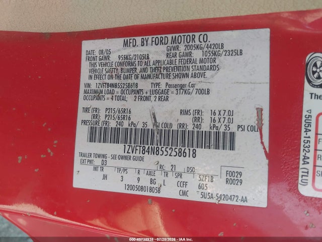 Aukcja sprzedaży 2005 Ford Mustang, vin: 1ZVFT84N855258618, numer aukcji: 45738938