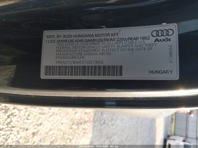 Aukcja sprzedaży 2003 Audi Tt 1.8l, vin: TRUWT28N431007955, numer aukcji: 45738941
