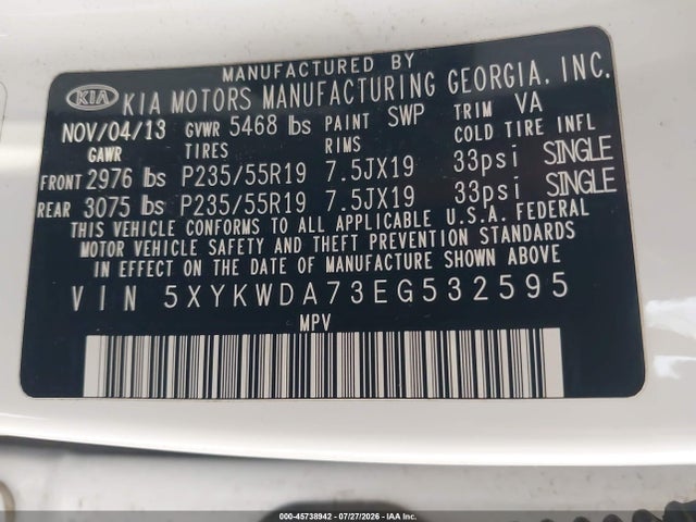 Продажа на аукционе авто 2014 Kia Sorento Limited V6, vin: 5XYKWDA73EG532595, номер лота: 45738942