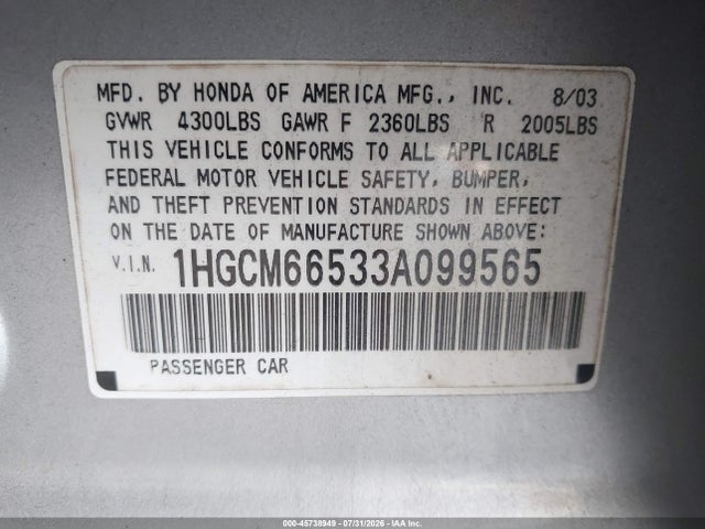 45738949 :رقم المزاد ، 1HGCM66533A099565 vin ، 2003 Honda Accord 3.0 Ex مزاد بيع