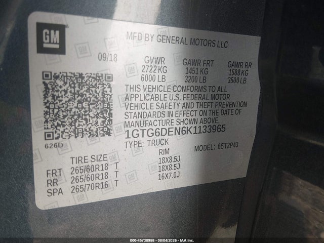 Aukcja sprzedaży 2019 Gmc Canyon Slt, vin: 1GTG6DEN6K1133965, numer aukcji: 45738958