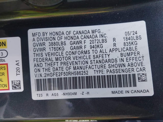 Honda Civic Sport 2024 2HGFE2F50RH586252 Image 9