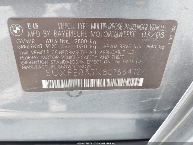 Aukcja sprzedaży 2008 Bmw X5 4.8i, vin: 5UXFE835X8L163412, numer aukcji: 45738973