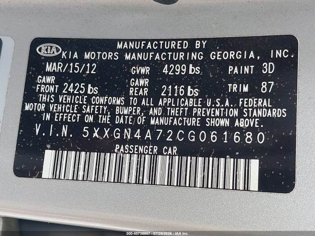 2012 Kia Optima Ex მანქანა იყიდება აუქციონზე, vin: 5XXGN4A72CG061680, აუქციონის ნომერი: 45738987