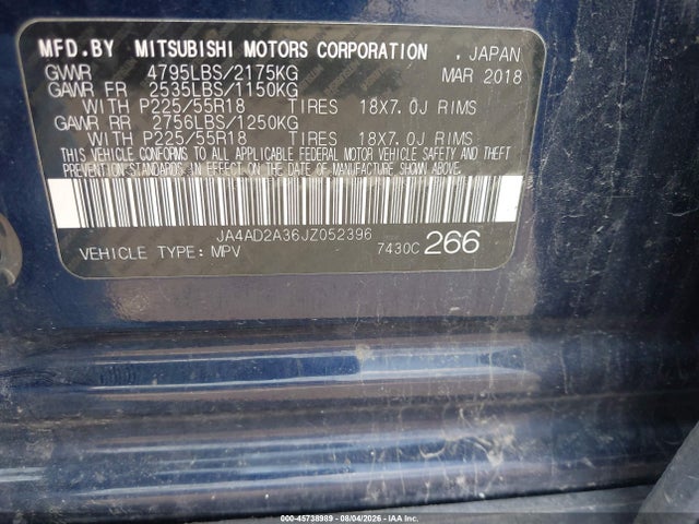 Продаж на аукціоні авто 2018 Mitsubishi Outlander Es, vin: JA4AD2A36JZ052396, номер лоту: 45738989