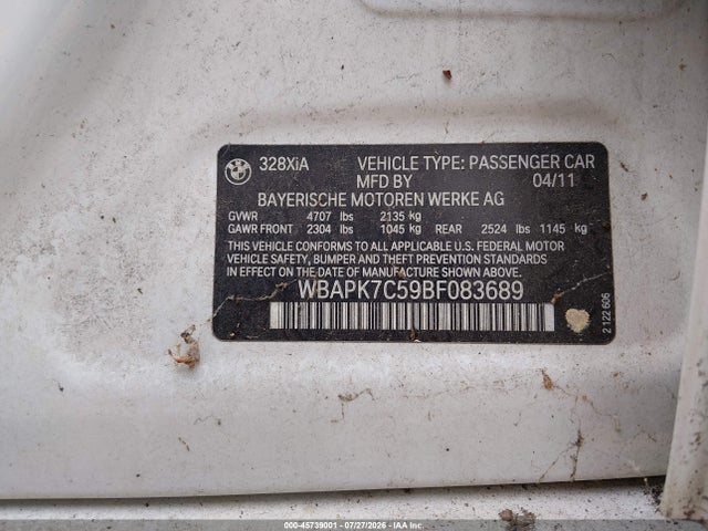 2011 Bmw 328i Xdrive მანქანა იყიდება აუქციონზე, vin: WBAPK7C59BF083689, აუქციონის ნომერი: 45739001
