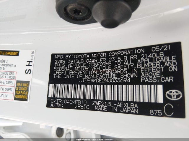 Продаж на аукціоні авто 2021 Toyota Corolla Hybrid Le, vin: JTDEAMDE2MJ033694, номер лоту: 45739013