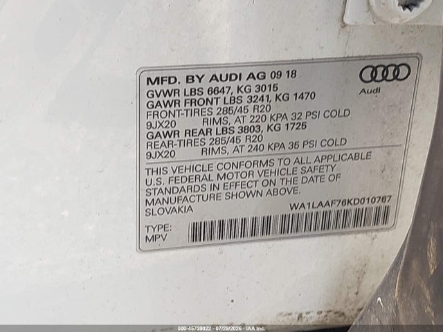 Продаж на аукціоні авто 2019 Audi Q7 55 Premium, vin: WA1LAAF76KD010767, номер лоту: 45739022