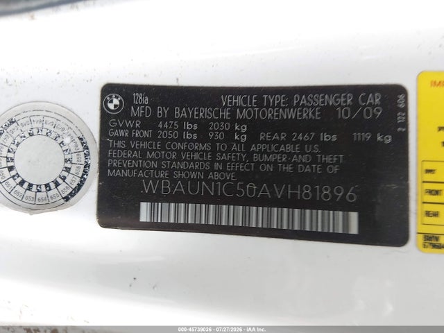 Продажа на аукционе авто 2010 Bmw 128i, vin: WBAUN1C50AVH81896, номер лота: 45739036