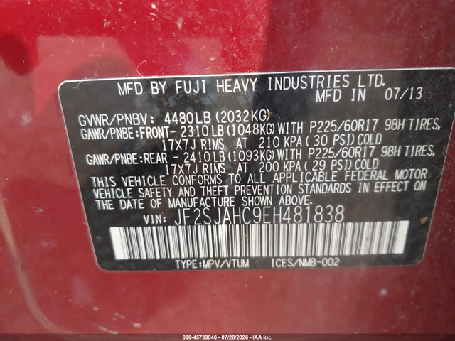 Aukcja sprzedaży 2014 Subaru Forester 2.5i Limited, vin: JF2SJAHC9EH481838, numer aukcji: 45739046
