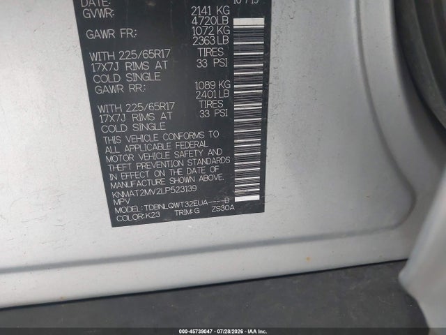 45739047 :رقم المزاد ، KNMAT2MV2LP523139 vin ، 2020 Nissan Rogue Sv Intelligent Awd مزاد بيع
