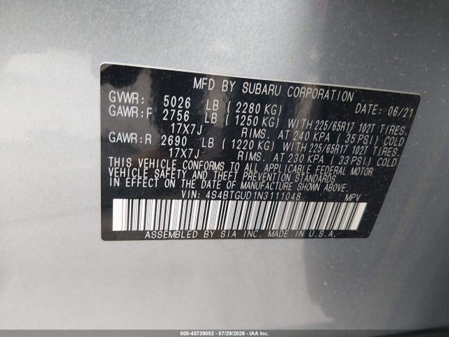 Aukcja sprzedaży 2022 Subaru Outback Wilderness, vin: 4S4BTGUD1N3111048, numer aukcji: 45739052