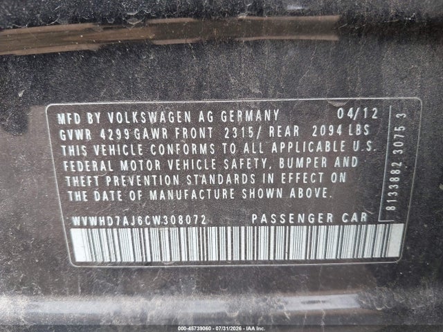 2012 Volkswagen Gti 4-door მანქანა იყიდება აუქციონზე, vin: WVWHD7AJ6CW308072, აუქციონის ნომერი: 45739060