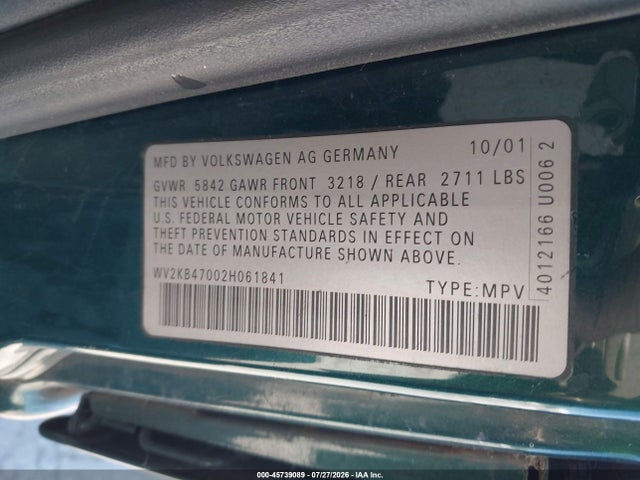 2002 Volkswagen Eurovan Gls მანქანა იყიდება აუქციონზე, vin: WV2KB47002H061841, აუქციონის ნომერი: 45739089