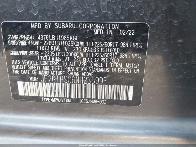 Продаж на аукціоні авто 2022 Subaru Crosstrek Sport, vin: JF2GTHSC6NH235993, номер лоту: 45739092