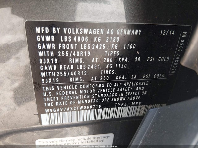 Aukcja sprzedaży 2015 Volkswagen Tiguan R-line, vin: WVGAV7AX2FW068716, numer aukcji: 45739114