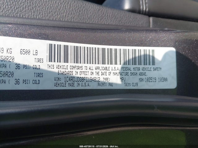 Aukcja sprzedaży 2015 Dodge Durango Limited, vin: 1C4RDJDG8FC194812, numer aukcji: 45739115