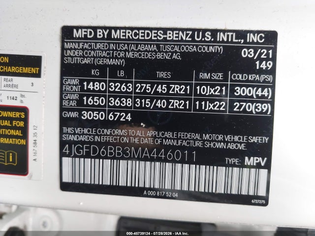 Aukcja sprzedaży 2021 Mercedes-benz Amg Gle 53 Coupe 4matic, vin: 4JGFD6BB3MA446011, numer aukcji: 45739124
