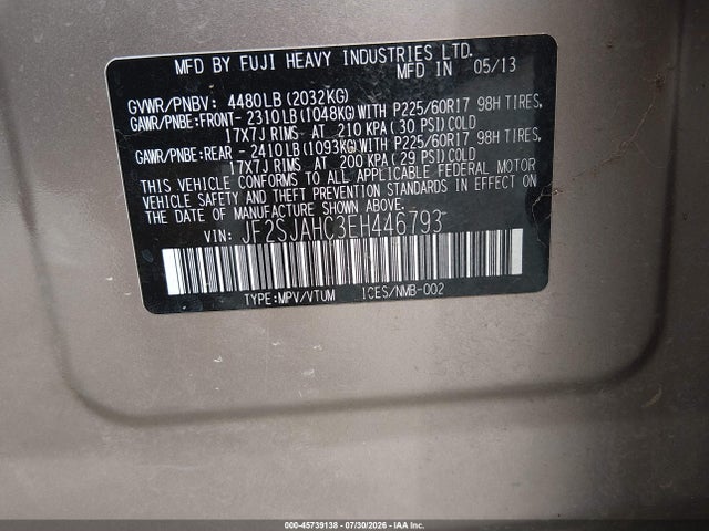 2014 Subaru Forester 2.5i Limited მანქანა იყიდება აუქციონზე, vin: JF2SJAHC3EH446793, აუქციონის ნომერი: 45739138